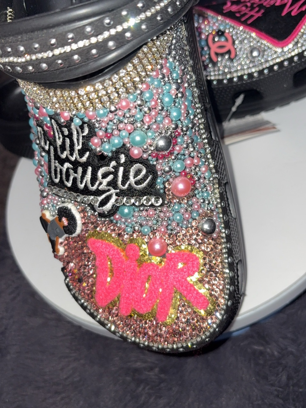 CROCS Black Embellished Mules with Pink & Silver Accents - Picture 2 of 3